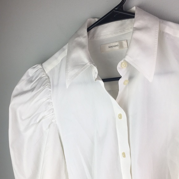Derek button down blouse crisp cotton with gathered shoulder and sleeves - Picture 4 of 8